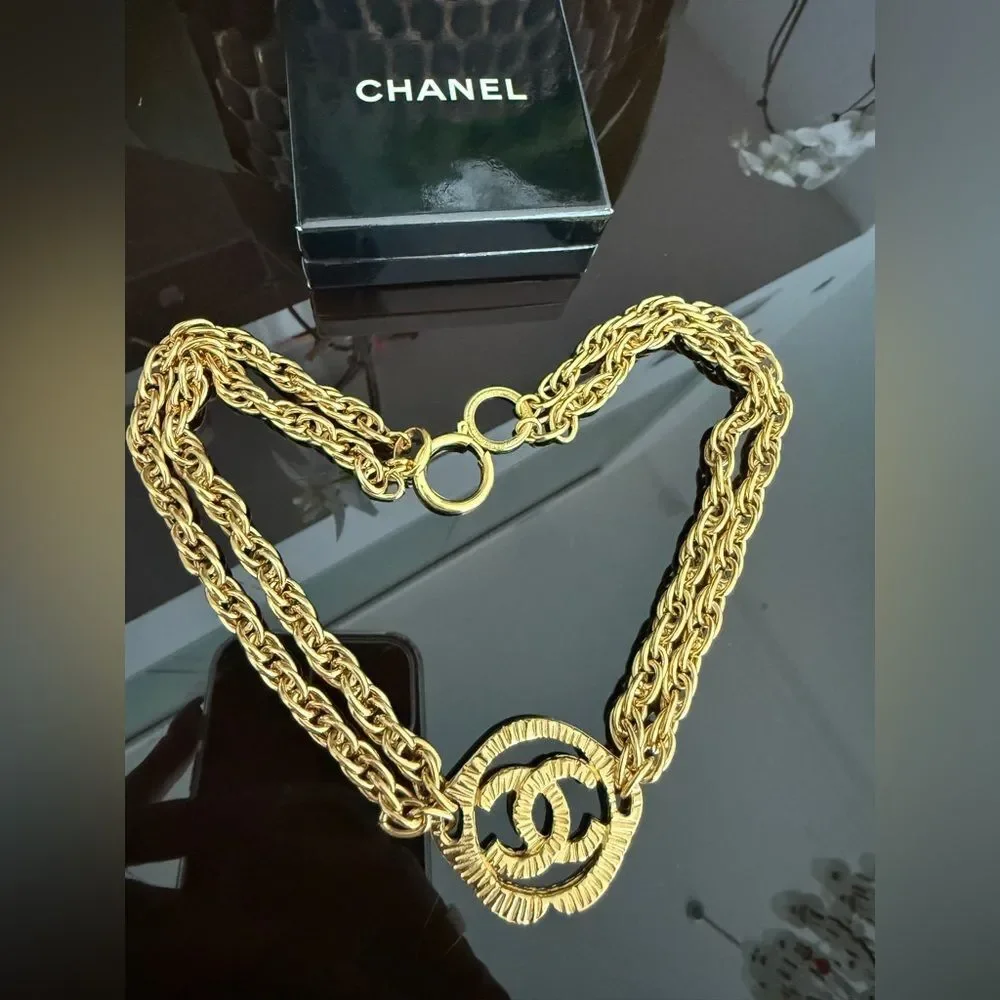 CHANEL Gold-Tone Double Chain CC Logo Necklace